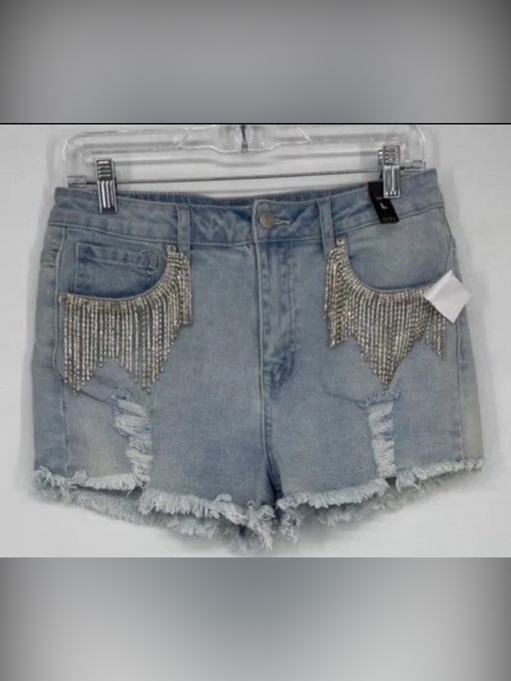 AKIRA Denim Jean Shorts with Silver Fringe L